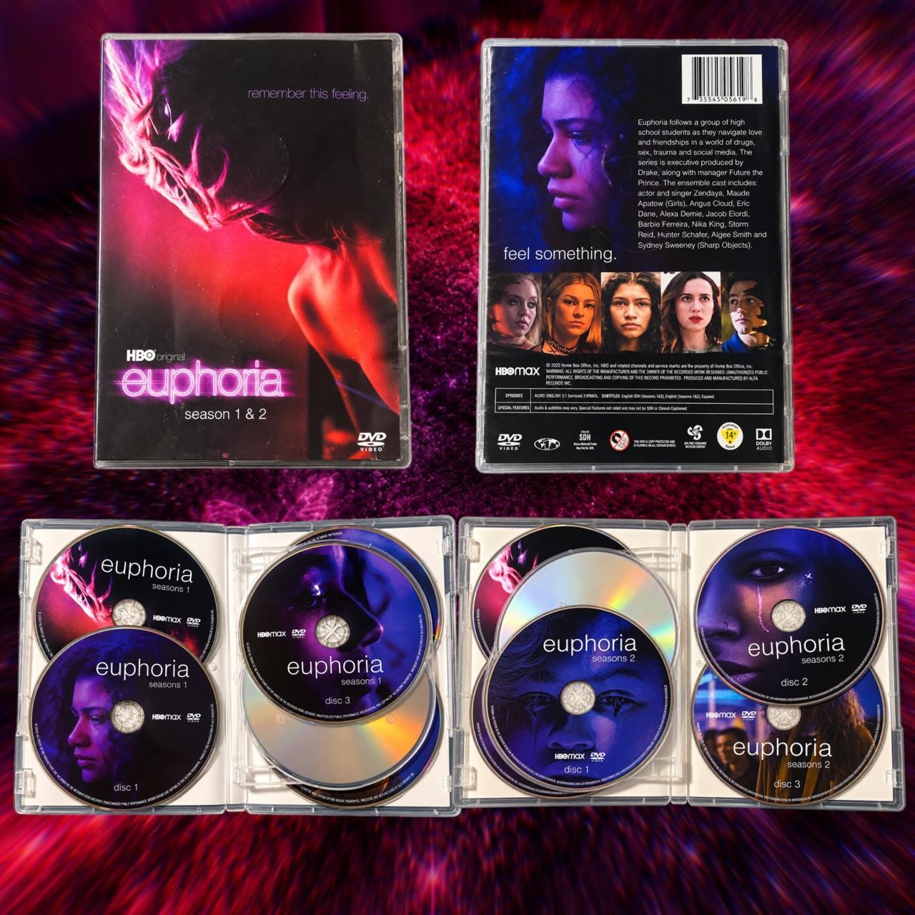 Euphoria Seasons 1 and 2 DVD set: front and back cover artwork and discs inside the open cases